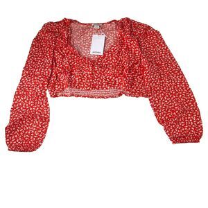 MONKI Women’s Cropped Blouse Bright Orange White Floral Red Size EUR 46 NWT
